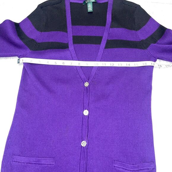 Lauren Ralph Lauren SZ LARGE  Purple and Black V-Neck Ribbed Cardigan Preppy - Picture 3 of 12